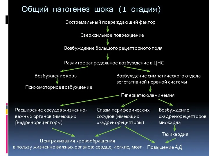 Общий патогенез шока (I стадия) Экстремальный повреждающий фактор Сверхсильное повреждение Возбуждение