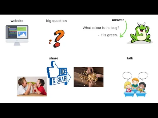 website big question answer - What colour is the frog? - It is green. share talk