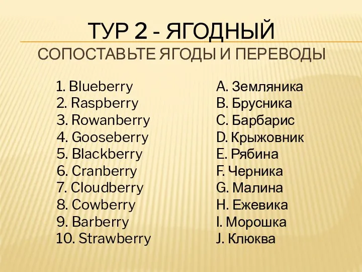 ТУР 2 - ЯГОДНЫЙ СОПОСТАВЬТЕ ЯГОДЫ И ПЕРЕВОДЫ 1. Blueberry 2.