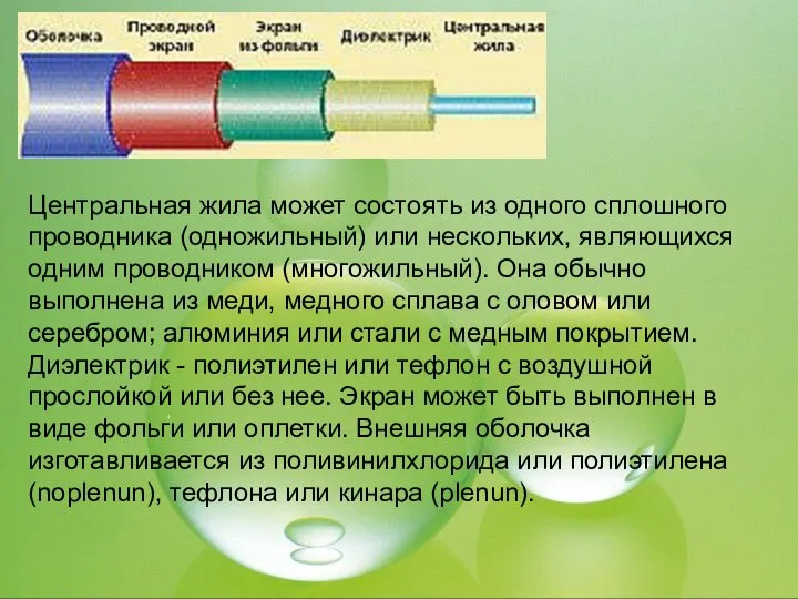 Центральная жила может состоять из одного сплошного проводника (одножильный) или нескольких,