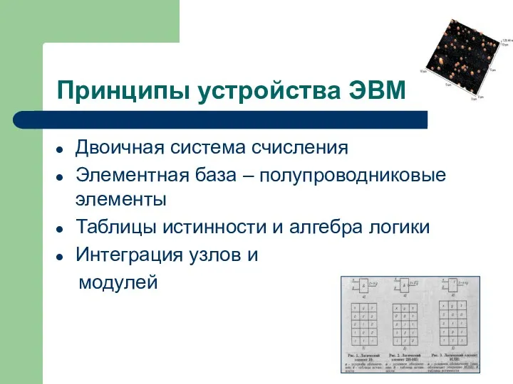 Принципы устройства ЭВМ Двоичная система счисления Элементная база – полупроводниковые элементы