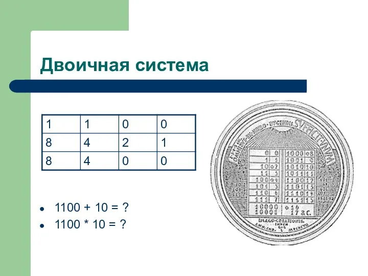 Двоичная система 1100 + 10 = ? 1100 * 10 = ?