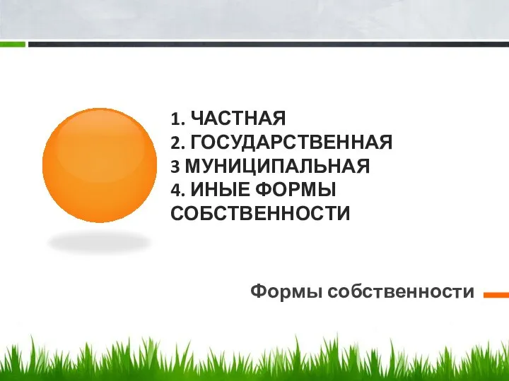 1. ЧАСТНАЯ 2. ГОСУДАРСТВЕННАЯ 3 МУНИЦИПАЛЬНАЯ 4. ИНЫЕ ФОРМЫ СОБСТВЕННОСТИ Формы собственности