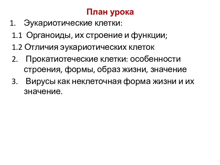 План урока Эукариотические клетки: 1.1 Органоиды, их строение и функции; 1.2