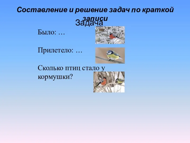 Составление и решение задач по краткой записи Задача Было: … Прилетело: