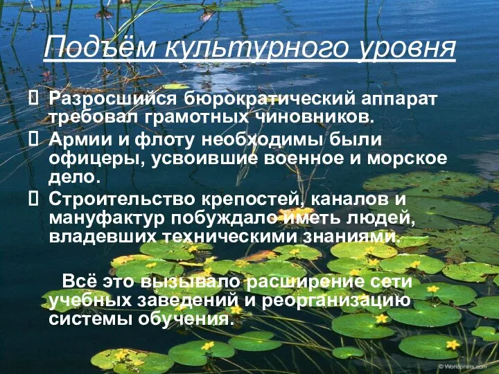 Подъём культурного уровня Разросшийся бюрократический аппарат требовал грамотных чиновников. Армии и