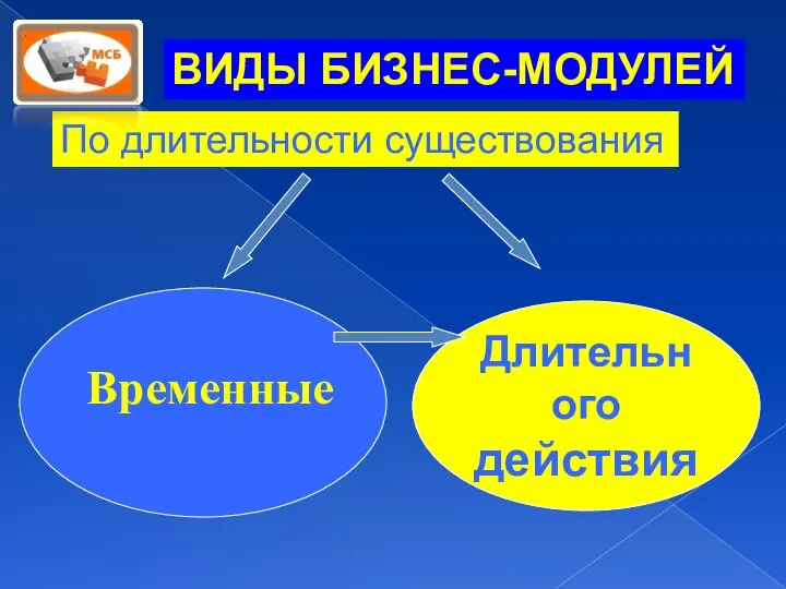 ВИДЫ БИЗНЕС-МОДУЛЕЙ Длительного действия По длительности существования Временные