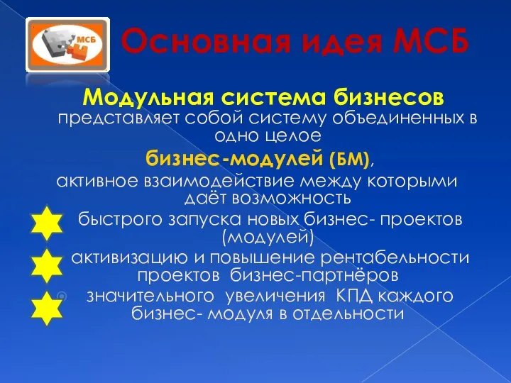 Основная идея МСБ Модульная система бизнесов представляет собой систему объединенных в