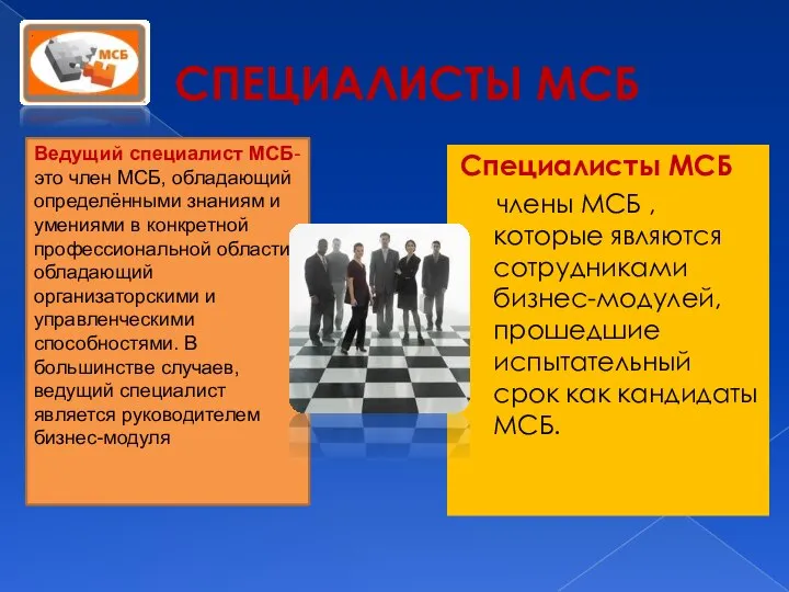 СПЕЦИАЛИСТЫ МСБ Специалисты МСБ члены МСБ , которые являются сотрудниками бизнес-модулей,