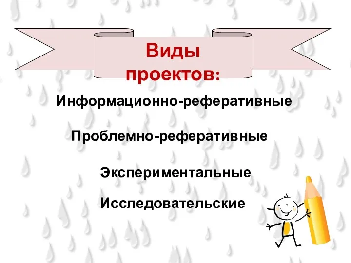 Виды проектов: Информационно-реферативные Проблемно-реферативные Экспериментальные Исследовательские