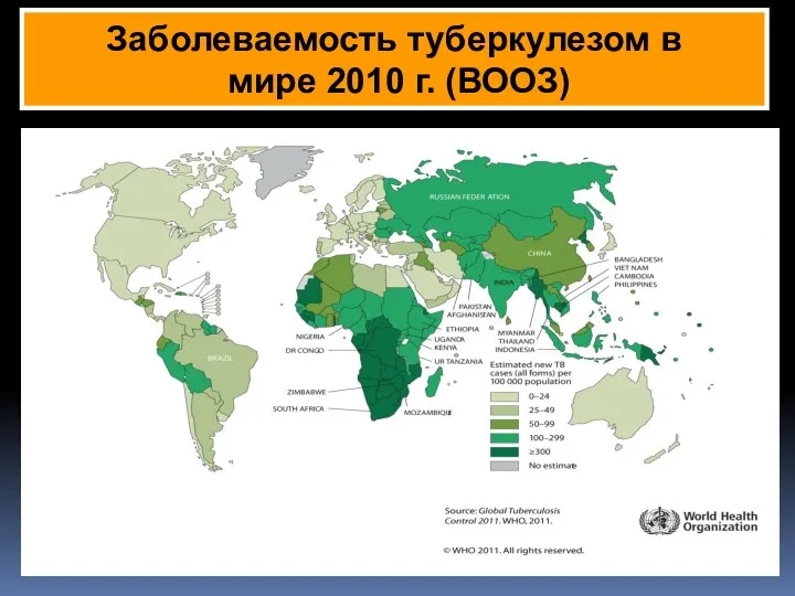 Заболеваемость туберкулезом в мире 2010 г. (ВООЗ)