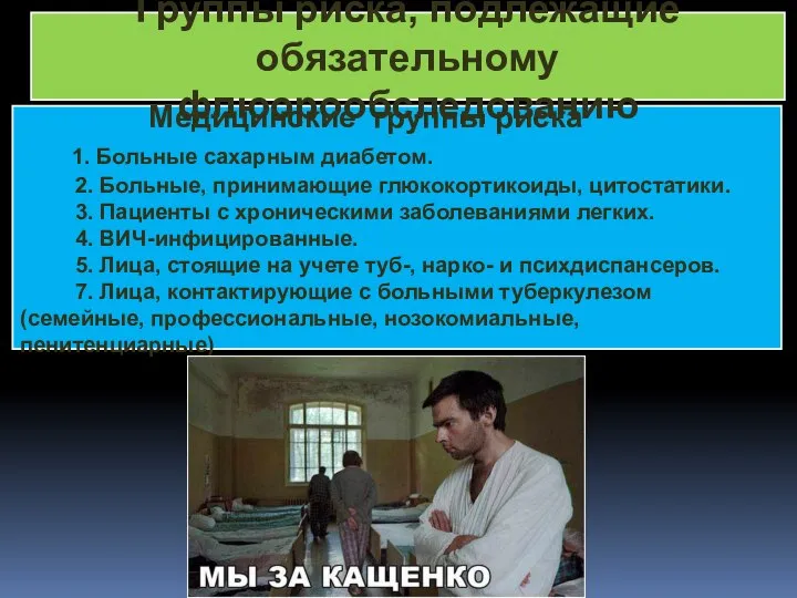 КФ Медицинские группы риска 1. Больные сахарным диабетом. 2. Больные, принимающие