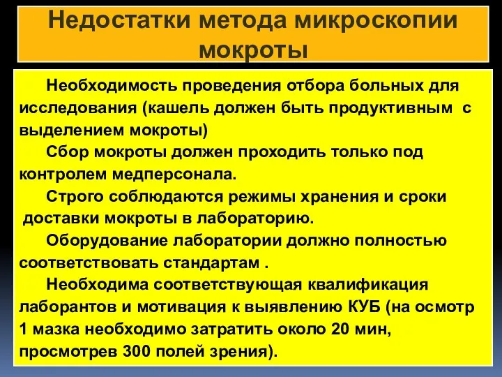 Недостатки метода микроскопии мокроты Необходимость проведения отбора больных для исследования (кашель