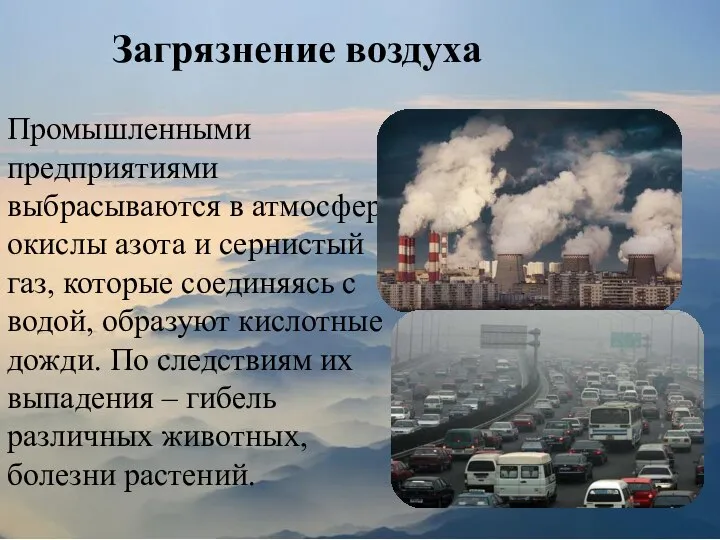 Загрязнение воздуха Промышленными предприятиями выбрасываются в атмосферу окислы азота и сернистый