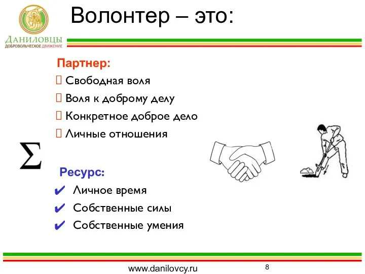 Волонтер – это: Ресурс: Личное время Собственные силы Собственные умения www.danilovcy.ru