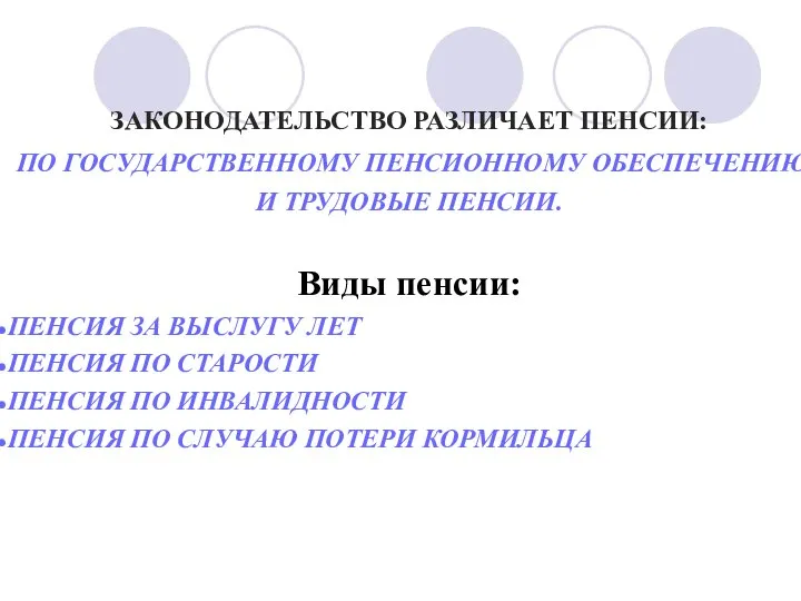 ЗАКОНОДАТЕЛЬСТВО РАЗЛИЧАЕТ ПЕНСИИ: ПО ГОСУДАРСТВЕННОМУ ПЕНСИОННОМУ ОБЕСПЕЧЕНИЮ И ТРУДОВЫЕ ПЕНСИИ. Виды