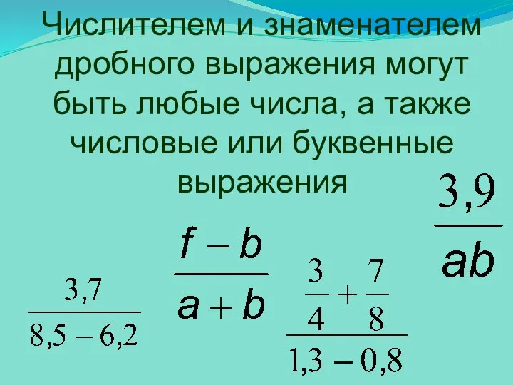 Числителем и знаменателем дробного выражения могут быть любые числа, а также числовые или буквенные выражения