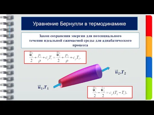 Закон сохранения энергии для потенциального течения идеальной сжимаемой среды для адиабатического процесса Уравнение Бернулли в термодинамике