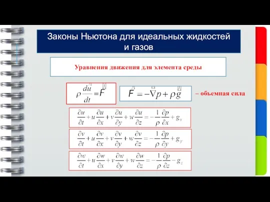 Уравнения движения для элемента среды Законы Ньютона для идеальных жидкостей и газов – объемная сила