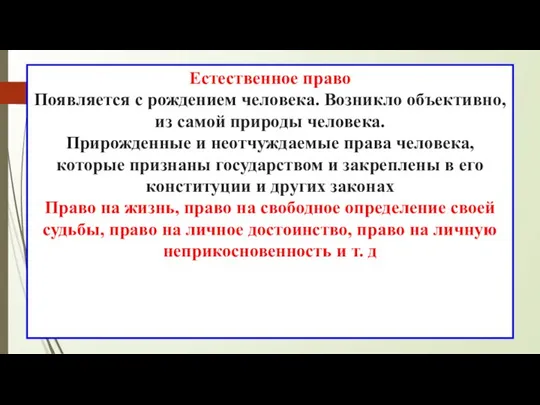 Естественное право Появляется с рождением человека. Возникло объективно, из самой природы