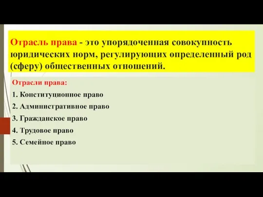 Отрасль права - это упорядоченная совокупность юридических норм, регулирующих определенный род