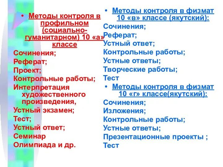 Методы контроля в профильном(социально-гуманитарном) 10 «а» классе Сочинения; Реферат; Проект; Контрольные