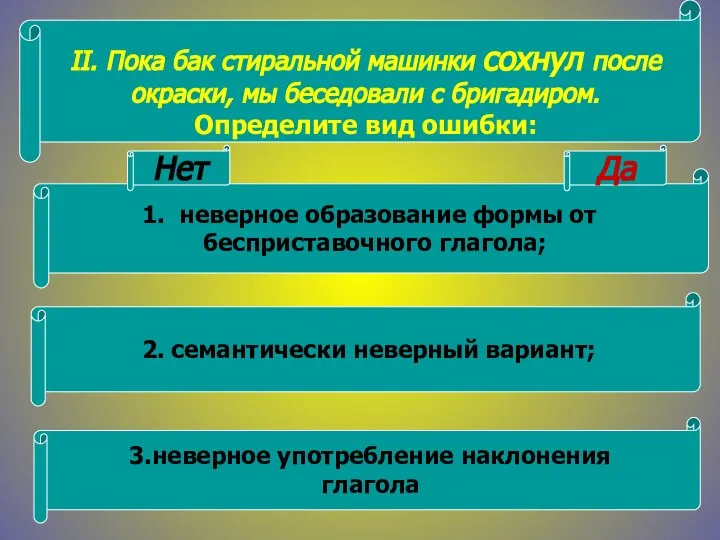 неверное образование формы от бесприставочного глагола; 2. семантически неверный вариант; 3.неверное