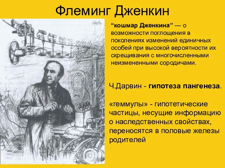 Флеминг Дженкин Ч.Дарвин - гипотеза пангенеза. «геммулы» - гипотетические частицы, несущие