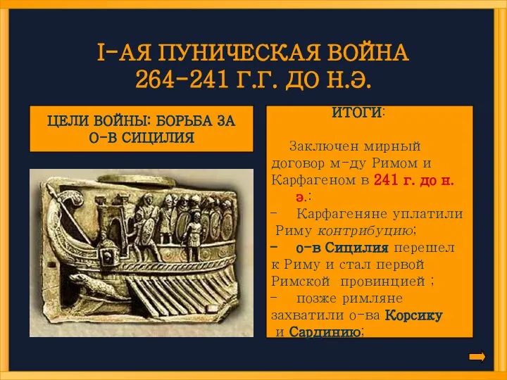 I-АЯ ПУНИЧЕСКАЯ ВОЙНА 264-241 Г.Г. ДО Н.Э. ЦЕЛИ ВОЙНЫ: БОРЬБА ЗА