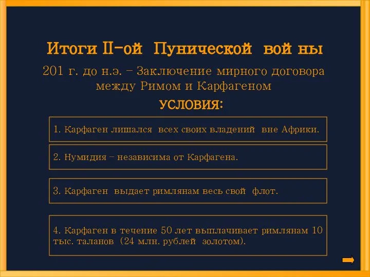 Итоги II-ой Пунической войны 201 г. до н.э. – Заключение мирного