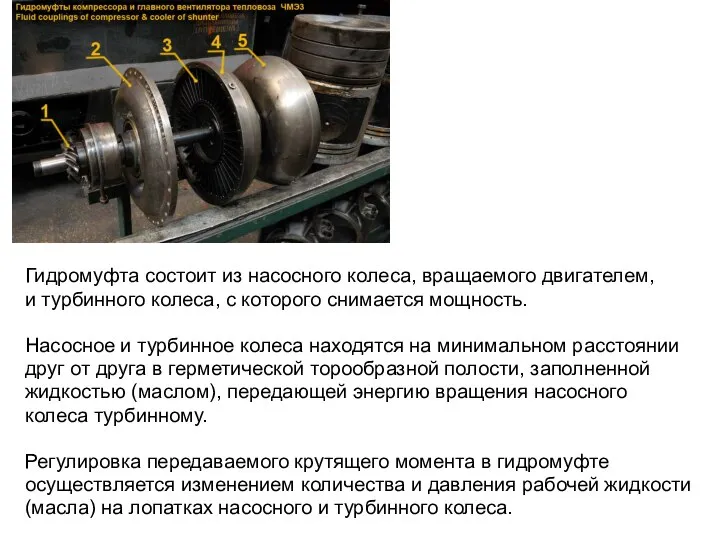 Гидромуфта состоит из насосного колеса, вращаемого двигателем, и турбинного колеса, с