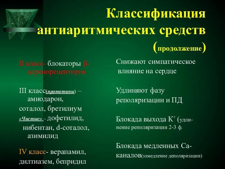 Классификация антиаритмических средств(продолжение) II класс- блокаторы β-адренорецепторов III класс(прототипы) – амиодарон,