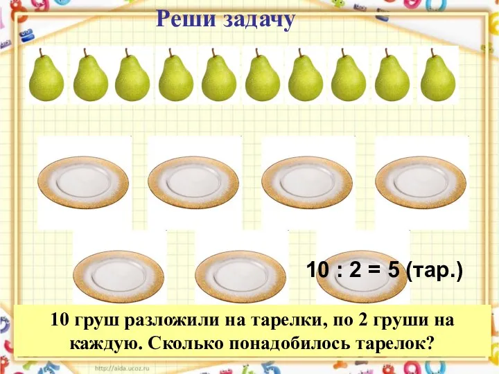 10 груш разложили на тарелки, по 2 груши на каждую. Сколько