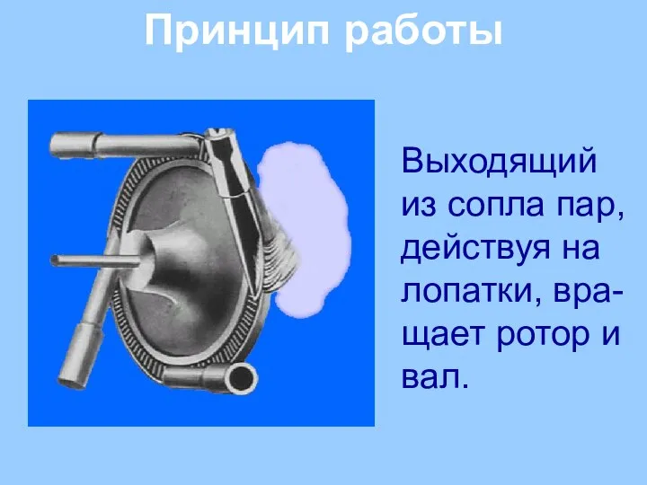 Принцип работы Выходящий из сопла пар, действуя на лопатки, вра-щает ротор и вал.