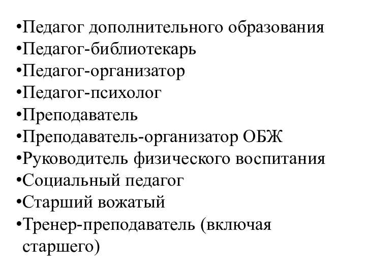 Педагог дополнительного образования Педагог-библиотекарь Педагог-организатор Педагог-психолог Преподаватель Преподаватель-организатор ОБЖ Руководитель физического