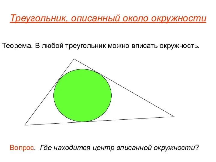 Треугольник, описанный около окружности Теорема. В любой треугольник можно вписать окружность.