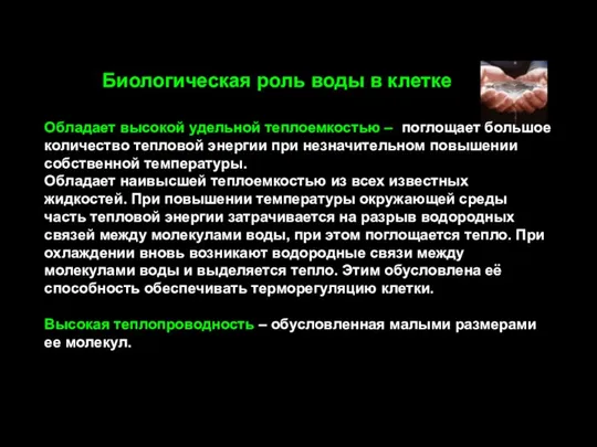 Обладает высокой удельной теплоемкостью – поглощает большое количество тепловой энергии при