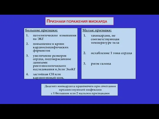 Признаки поражения миокарда Большие признаки: патологические изменения на ЭКГ повышение в