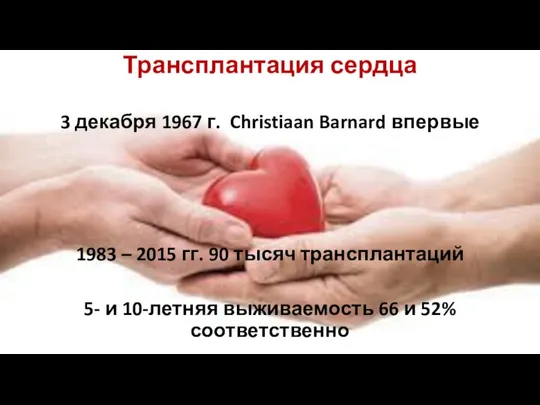 Трансплантация сердца 3 декабря 1967 г. Christiaan Barnard впервые 1983 –