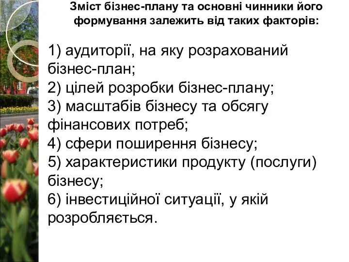 1) аудиторії, на яку розрахований бізнес-план; 2) цілей розробки бізнес-плану; 3)