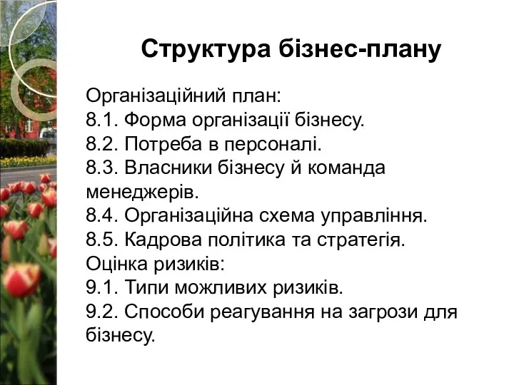 Структура бізнес-плану Організаційний план: 8.1. Форма організації бізнесу. 8.2. Потреба в