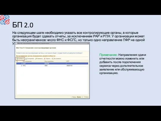 БП 2.0 На следующем шаге необходимо указать все контролирующие органы, в