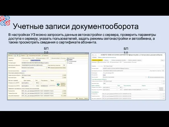 Учетные записи документооборота В настройках УЗ можно запросить данные автонастройки с