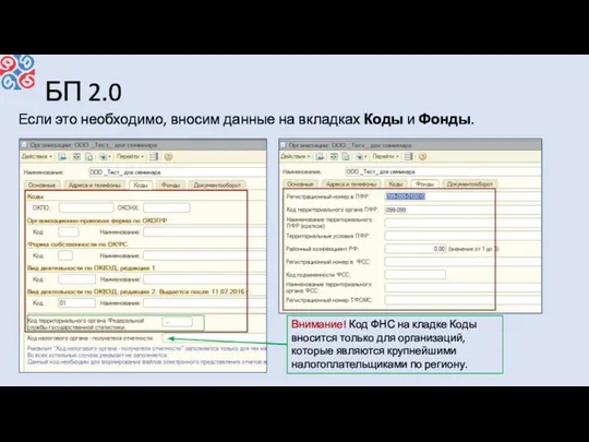 БП 2.0 Если это необходимо, вносим данные на вкладках Коды и