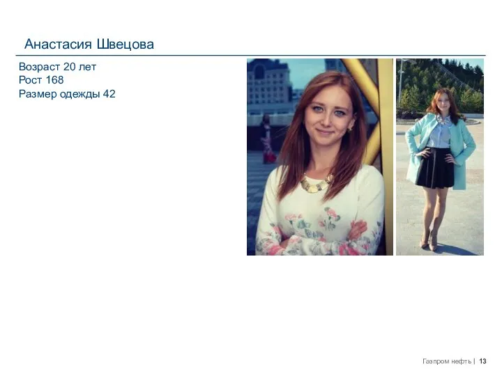 Анастасия Швецова Возраст 20 лет Рост 168 Размер одежды 42