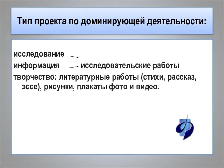 Тип проекта по доминирующей деятельности: исследование информация исследовательские работы творчество: литературные