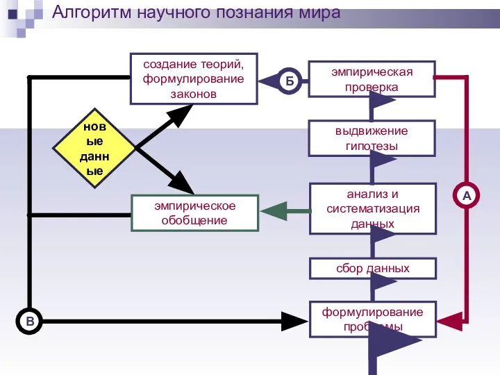 Алгоритм научного познания мира создание теорий, формулирование законов новые данные эмпирическое обобщение