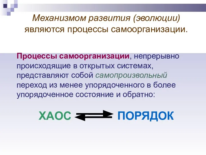 Механизмом развития (эволюции) являются процессы самоорганизации. Процессы самоорганизации, непрерывно происходящие в