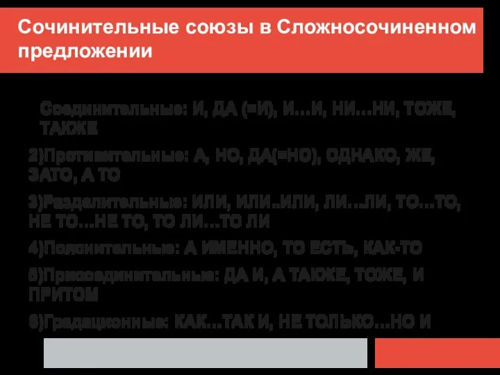 Сочинительные союзы в Сложносочиненном предложении Соединительные: И, ДА (=И), И…И, НИ…НИ,