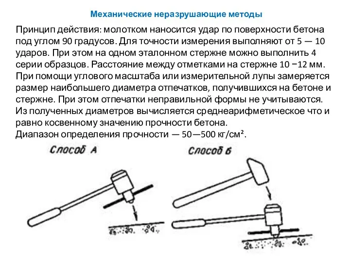 Принцип действия: молотком наносится удар по поверхности бетона под углом 90